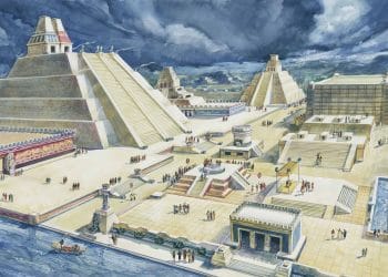 Una representación de la arquitectura azteca mostrando templos y estructuras típicas del periodo mesoamericano.