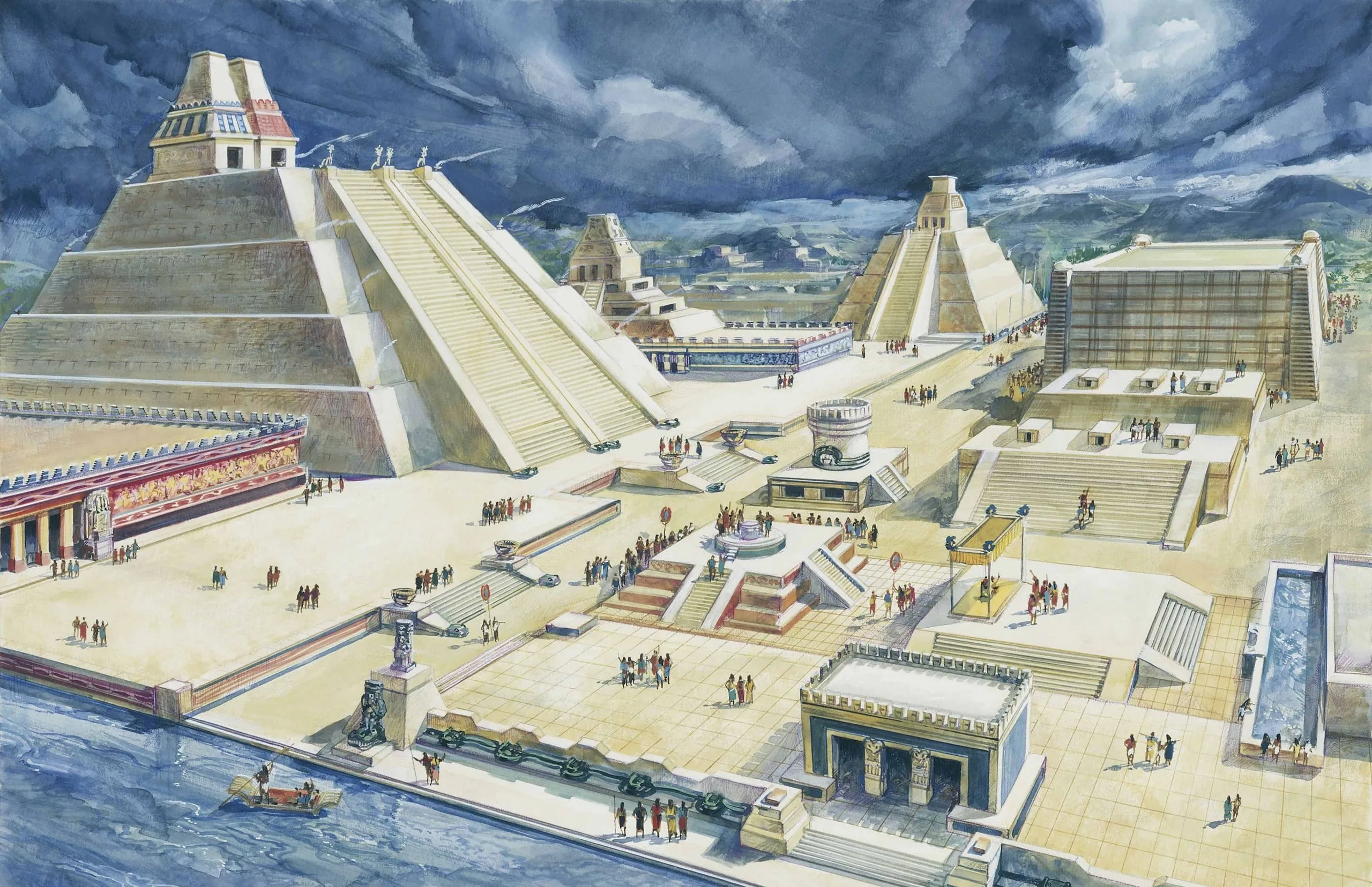 Una representación de la arquitectura azteca mostrando templos y estructuras típicas del periodo mesoamericano.