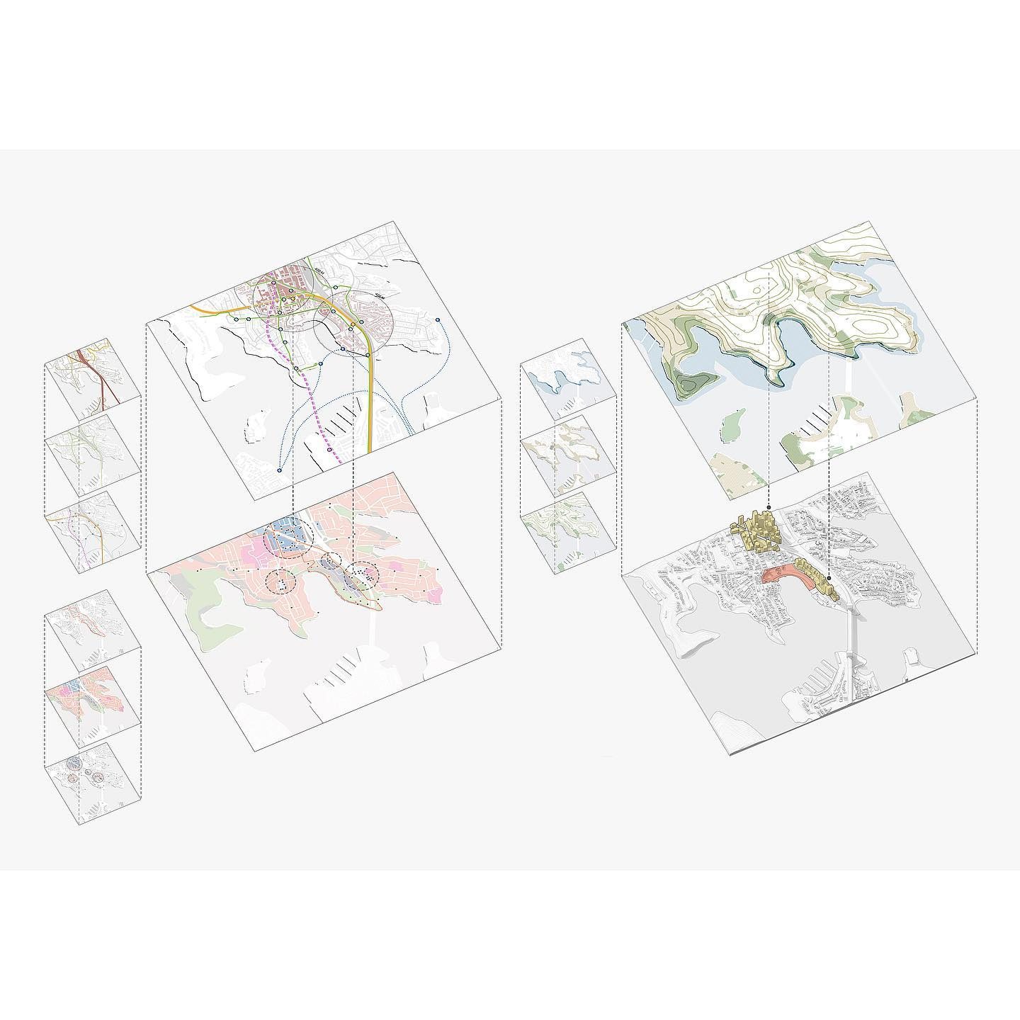 Ilustración de análisis de sitio arquitectónico que muestra capas superpuestas con mapas detallados de diferentes aspectos del entorno, incluyendo topografía, zonificación, infraestructura y características naturales. Las divisiones gráficas resaltan la interconexión entre los elementos físicos y urbanos del área de estudio