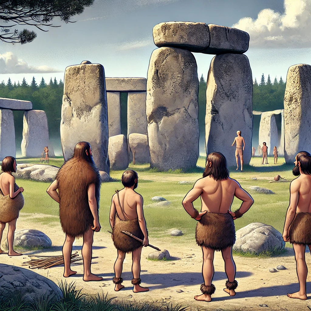 Una caricatura primitiva y realista que representa los orígenes de la arquitectura. La escena incluye a humanos primitivos de pie y observando un megalítico.